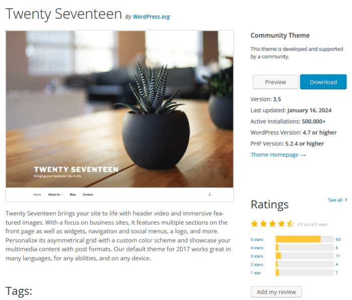 워드프레스 Twenty Seventeen 테마 소개 화면