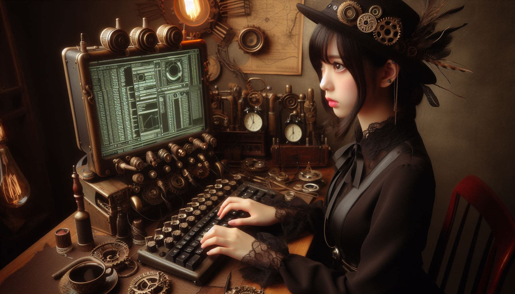 AI가 생성한 스팀펑크풍 데스크톱 유저 이미지